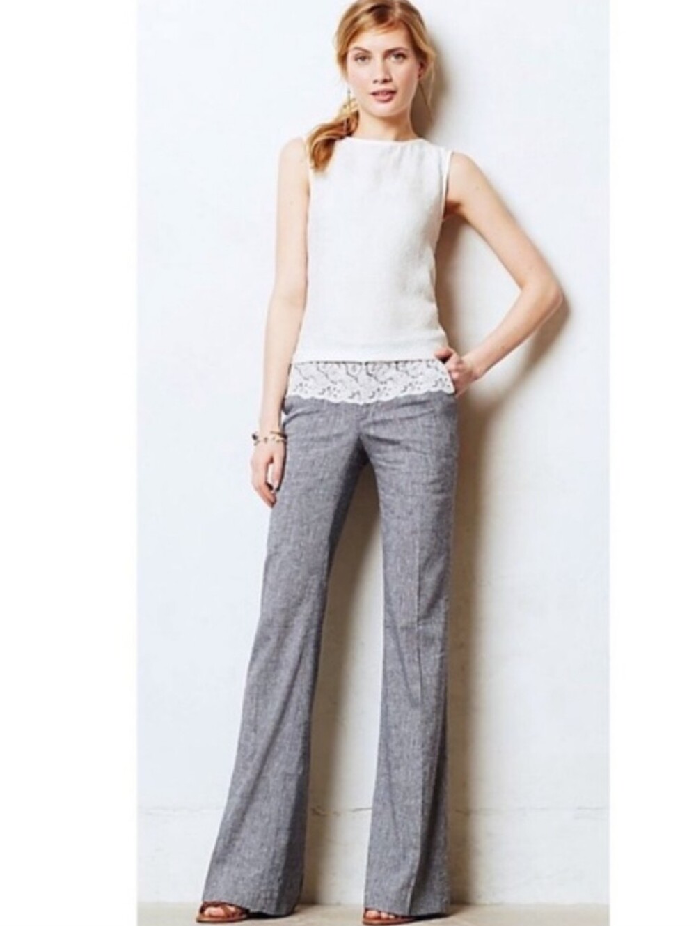 Anthropologie Brighton Linen Trouser With Lace Detail Size 10 Tall Blue Gray